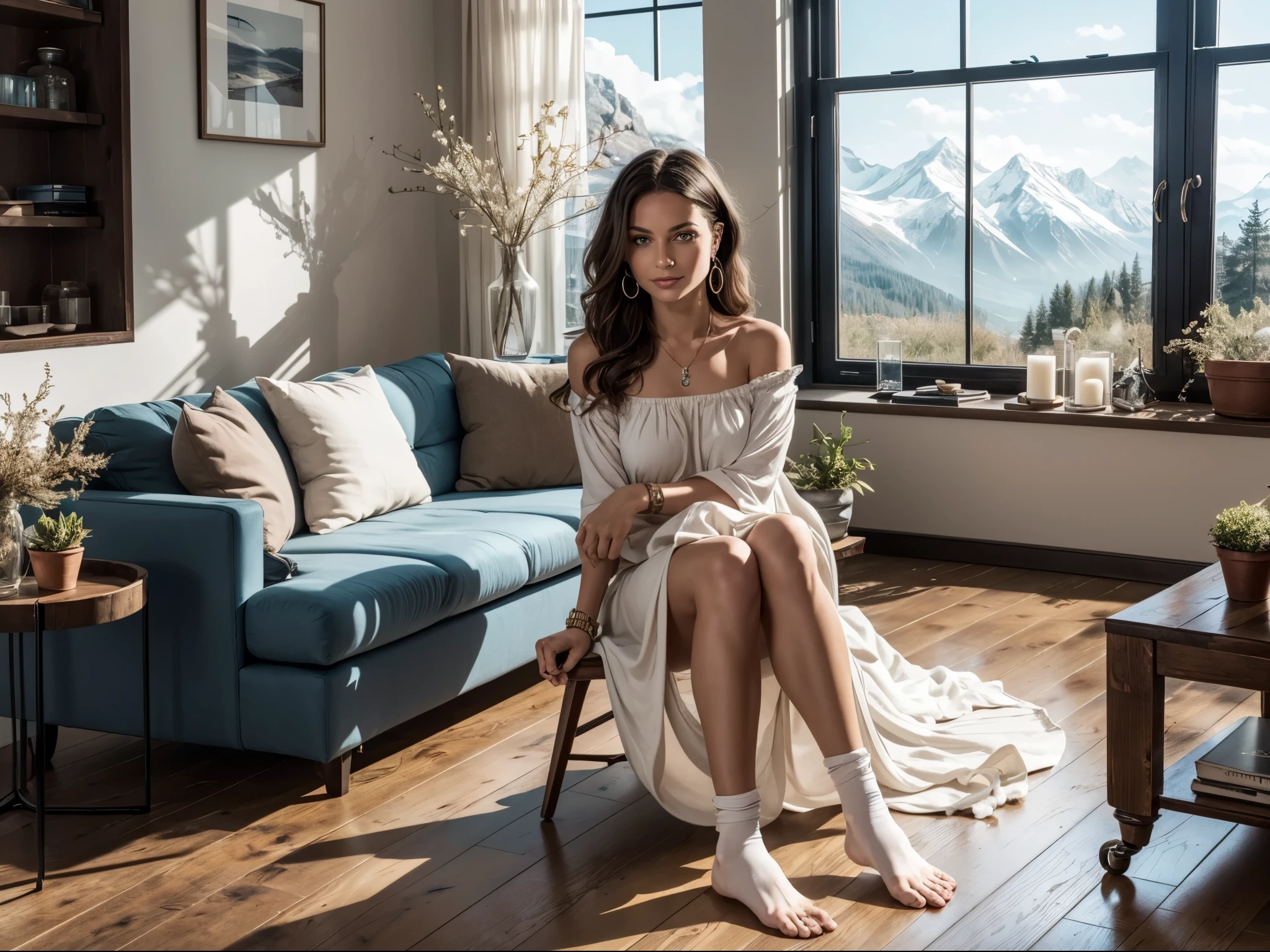 1girl, beautiful portrait, detailed face, medium wide shot, (full body:0.6), captivating, (satin night gown:0.7), elegant, dreamy look, (slick dark brown medium length hair), sensual sitting position, living room, interior, modern design, two-story, (one big window:1.2), mountain view, Alps, flower field, minimalist furniture, sleek lines, neutral colors, natural light, cozy ambiance, stylish decor, open space, wooden floors, contemporary art, elegant, scenic view, spacious, serene, warm vibe, aesthetic potted plant, (highest quality, masterpiece, ultra-high resolution), professional camera work, candles, crystal earring, necklace, bracelet, (romantic mysterious), dramatic, artistic, innovative, attractive, heartful, fancy, ankle socks, (10yo, cute:1.2), (breasts:1.2),