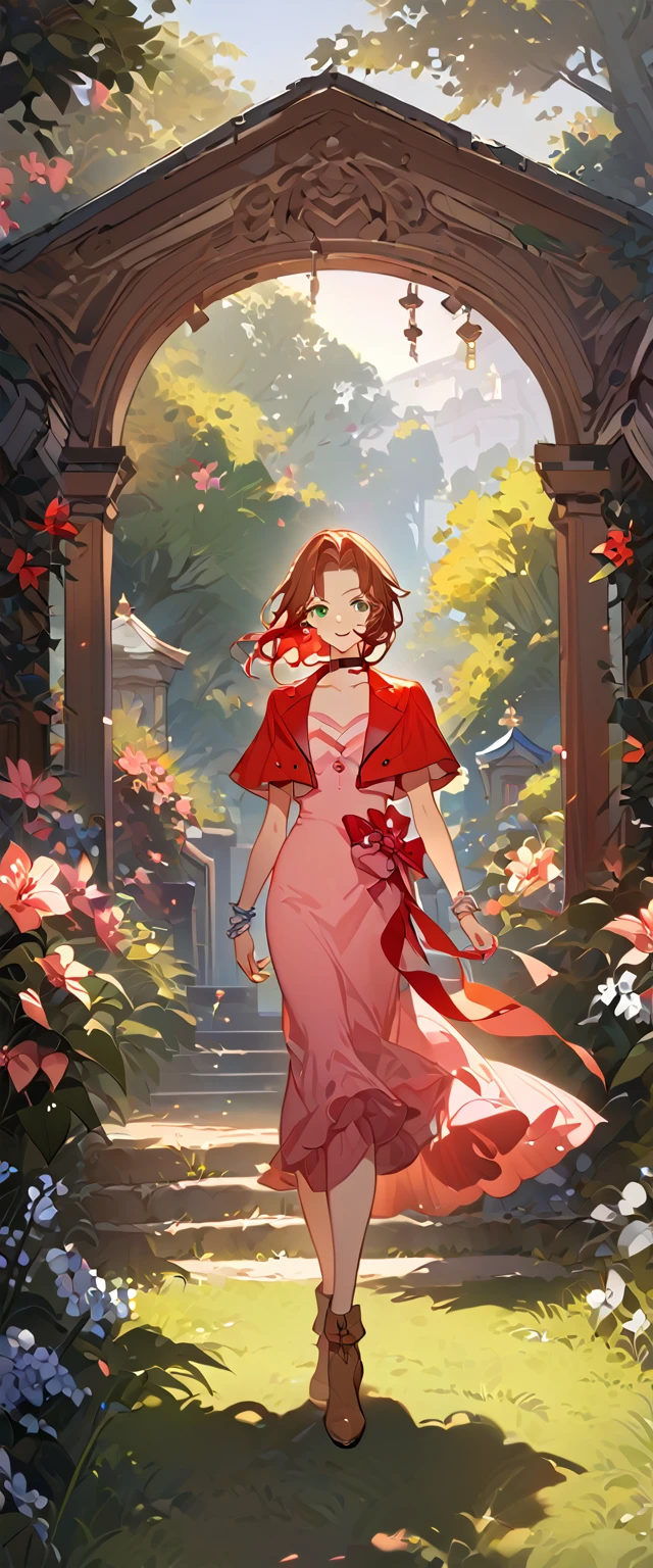 masterpiece, best quality, 8k, 4k, 1girl, aerith gainsborough, brown hair, braided, green eyes, red hair ribbon, braided long ponytail, red bolero jacket, cropped jacket, bow, choker, long pink dress, pink bow, brown boots, bangles, walking in a garden, flowers, detailed background,, inspired by Asukaziye artist : ask, art style : ask