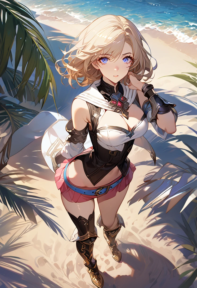 masterpiece, best quality, 8k, 4k, 1girl, ashelia final fantasy xii, Ashelia, medium hair, blonde hair, blue eyes, white detached sailor like collar, brooch, white shirt, cleavage, midriff, detached sleeves, bracer, black corset, pink skirt, microskirt, pink skirt, tight skirt, blue belt, black thigh with gold pattern boots, slim body, looking at viewer, standing nicely, wind blowing, finely detailed eyes and detailed face, face detailed, hair detailed, clothes detailed, ((high quality)), extreme detail, beach sand, palm tree, calm water, high hills overlooking the sea, hollowed hills,  inspired by Asukaziye artist : ask, art style : ask