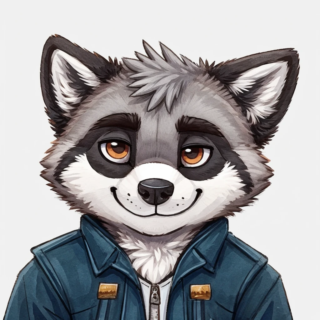 Kopfschuss eines grauen anthropomorphen Waschbären, Chibi-Stil, geschlossenes Lächeln, er trägt eine Jacke, Hochwertige Furry-Kunst, hochwertige Fursona-Referenz.