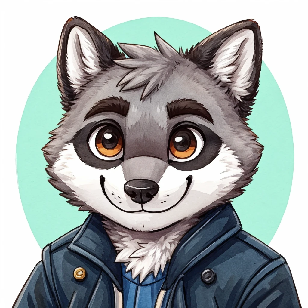 headshot of a grey anthropomorphic raccoon, chibi style, closed smile, he's dressed with a jacket, high quality furry art, high quality fursona ref.