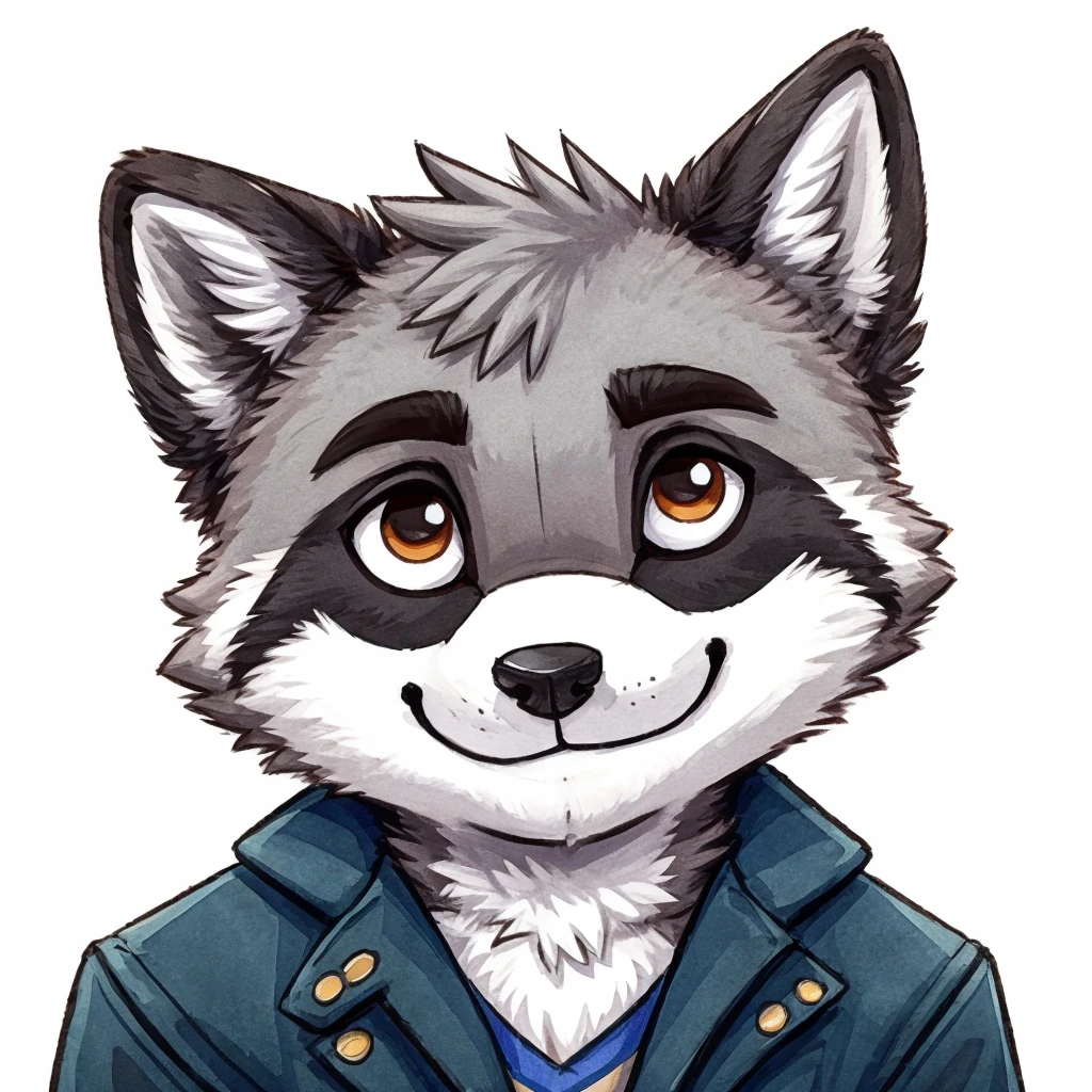 Kopfschuss eines grauen anthropomorphen Waschbären, Chibi-Stil, geschlossenes Lächeln, er trägt eine Jacke, Hochwertige Furry-Kunst, hochwertige Fursona-Referenz.