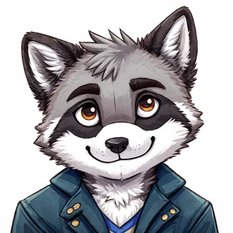 headshot of a grey anthropomorphic raccoon, chibi style, closed smile, he's dressed with a jacket, high quality furry art, high ...