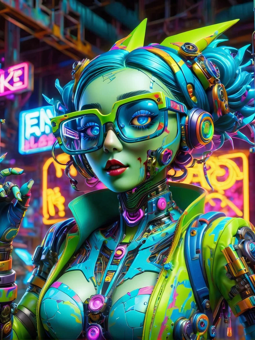 Лучшее качество, шедевр, 3d, Произведения Pixar, Электронные варианты, (Мультяшная механическая девушка-зомби в больших очках на фабрике:1.5)，в динамичной танцевальной позе в красочном мире виртуальной реальности, изобилующем неоновыми огнями и яркими голограммами., Сцена несет в себе влияние как поп-арта, так и граффити., ансамбль, вдохновленный киберпанком, с взрывной энергетикой, создан с использованием методов цифровой живописи и сияющего, светящиеся эффекты