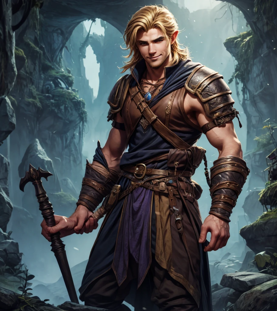 (((Single character image.))) (((1boy))) (((Luxurious hair and sexy smirk.))) (((18 years old.))) (((18yo.))) (((Dressed in medieval fantasy attire.))) Cute guy. Hot guy.  (((Looks like Adonis.))) (((Dressed in medieval fantasy attire.))) (((Intense, sexy stare.))) (((Beautiful shoulder length blond hair.))) Gorgeous male character with a body that women lust for.  (((Lusty smirk.))) Looks like a fun-loving and heroic male adventurer for Dungeons & Dragons. Looks like a very attractive male adventurer for a high fantasy setting. Looks like a hot boyfriend. Looks like a handsome and rugged male adventurer for Dungeons & Dragons. Looks like a handsome male for a medieval fantasy setting. Looks like a Dungeons & Dragons adventurer, very cool and masculine hair style, black clothing, handsome, charming smile, adventurer, athletic build, excellent physique, confident, gorgeous face, gorgeous body,  detailed and intricate, fantasy setting,fantasy art, dungeons & dragons, fantasy adventurer, fantasy NPC, attractive male in his mid 20's, ultra detailed, epic masterpiece, ultra detailed, intricate details, digital art, unreal engine, 8k, ultra HD, centered image award winning, fantasy art concept, digital art, centered image, flirting with viewer, best quality:1.0,hyperealistic:1.0,photorealistic:1.0,madly detailed CG unity 8k wallpaper:1.0,masterpiece:1.3,madly detailed photo:1.2, hyper-realistic lifelike texture:1.4, picture-perfect:1.0,8k, HQ,best quality:1.0,