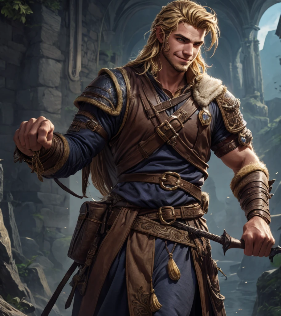 (((Single character image.))) (((1boy))) (((Luxurious hair and sexy smirk.))) (((18 years old.))) (((18yo.))) (((Dressed in medieval fantasy attire.))) Cute guy. Hot guy.  (((Looks like Adonis.))) (((Dressed in medieval fantasy attire.))) (((Intense, sexy stare.))) (((Beautiful shoulder length blond hair.))) Gorgeous male character with a body that women lust for.  (((Lusty smirk.))) Looks like a fun-loving and heroic male adventurer for Dungeons & Dragons. Looks like a very attractive male adventurer for a high fantasy setting. Looks like a hot boyfriend. Looks like a handsome and rugged male adventurer for Dungeons & Dragons. Looks like a handsome male for a medieval fantasy setting. Looks like a Dungeons & Dragons adventurer, very cool and masculine hair style, black clothing, handsome, charming smile, adventurer, athletic build, excellent physique, confident, gorgeous face, gorgeous body,  detailed and intricate, fantasy setting,fantasy art, dungeons & dragons, fantasy adventurer, fantasy NPC, attractive male in his mid 20's, ultra detailed, epic masterpiece, ultra detailed, intricate details, digital art, unreal engine, 8k, ultra HD, centered image award winning, fantasy art concept, digital art, centered image, flirting with viewer, best quality:1.0,hyperealistic:1.0,photorealistic:1.0,madly detailed CG unity 8k wallpaper:1.0,masterpiece:1.3,madly detailed photo:1.2, hyper-realistic lifelike texture:1.4, picture-perfect:1.0,8k, HQ,best quality:1.0,