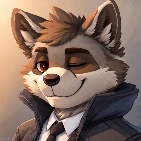 headshot of a grey anthropomorphic raccoon, brown eyes, closed smile, he's dressed with a jacket, high quality furry art, high q...