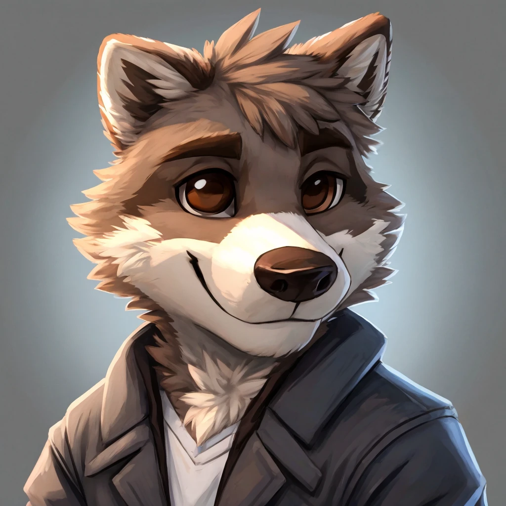 headshot of a grey anthropomorphic raccoon, brown eyes, closed smile, he's dressed with a jacket, high quality furry art, high quality fursona ref.