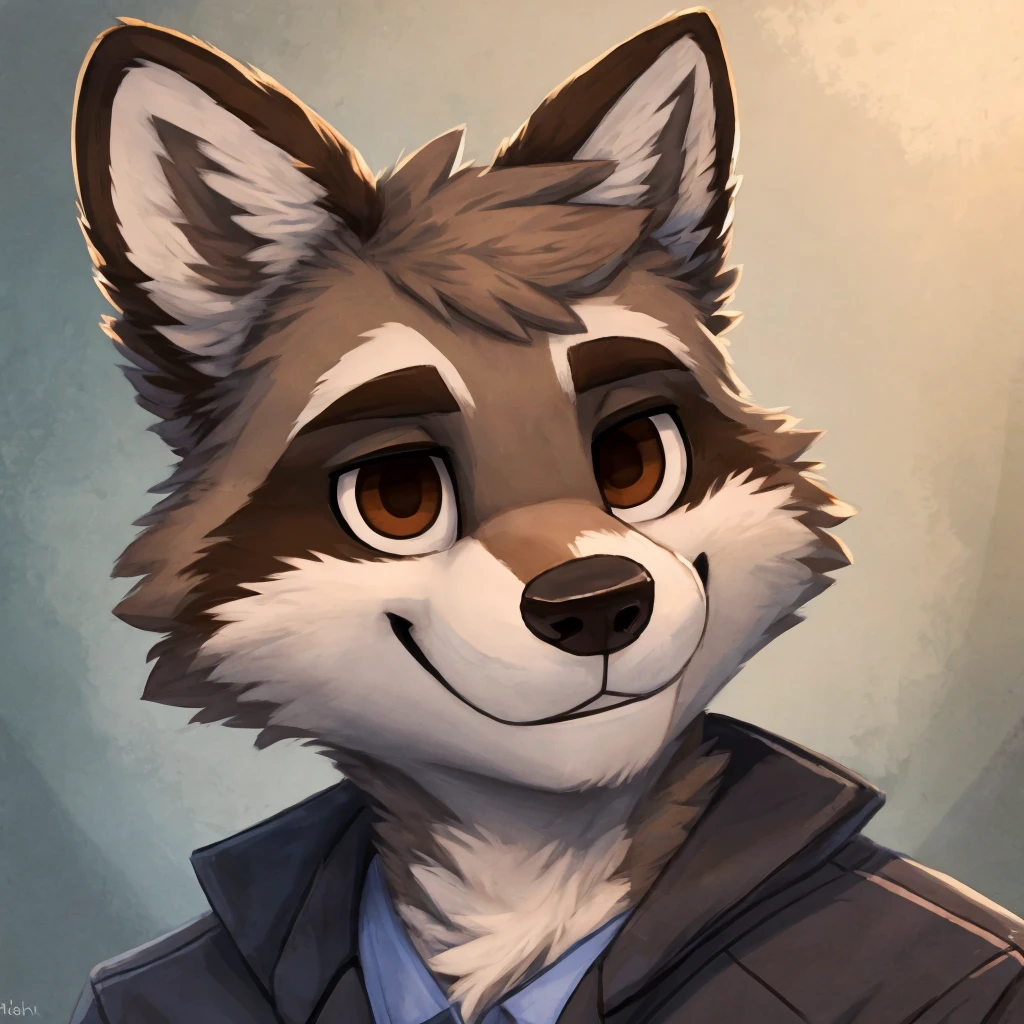 headshot of a grey anthropomorphic raccoon, brown eyes, closed smile, he's dressed with a jacket, high quality furry art, high quality fursona ref.