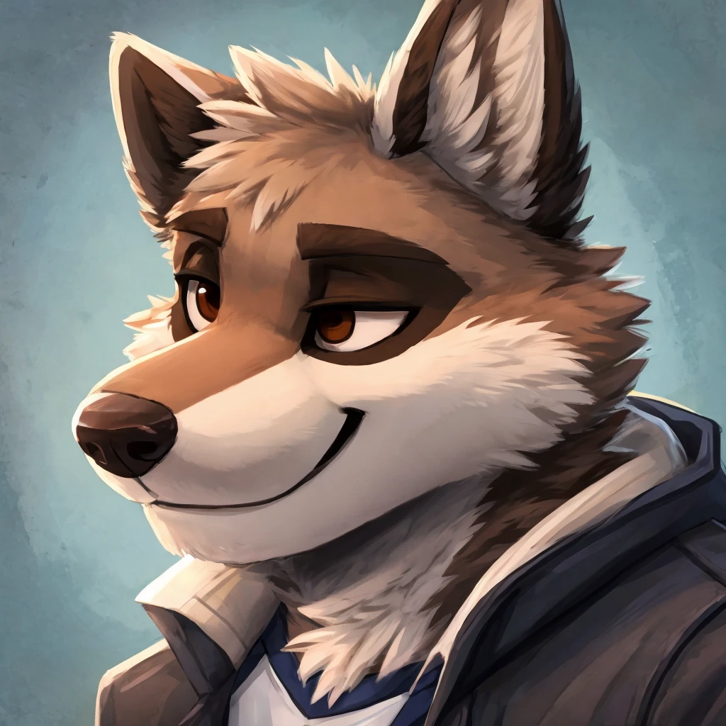 headshot of a grey anthropomorphic raccoon, brown eyes, closed smile, he's dressed with a jacket, high quality furry art, high quality fursona ref.