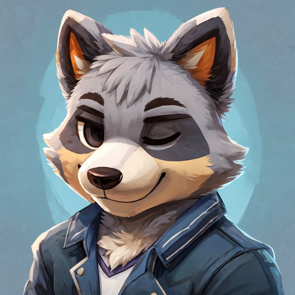 Kopfschuss eines grauen anthropomorphen Waschbären, Animal Crossing-Stil, geschlossenes Lächeln, er trägt eine Jacke, Hochwertige Furry-Kunst, hochwertige Fursona-Referenz.