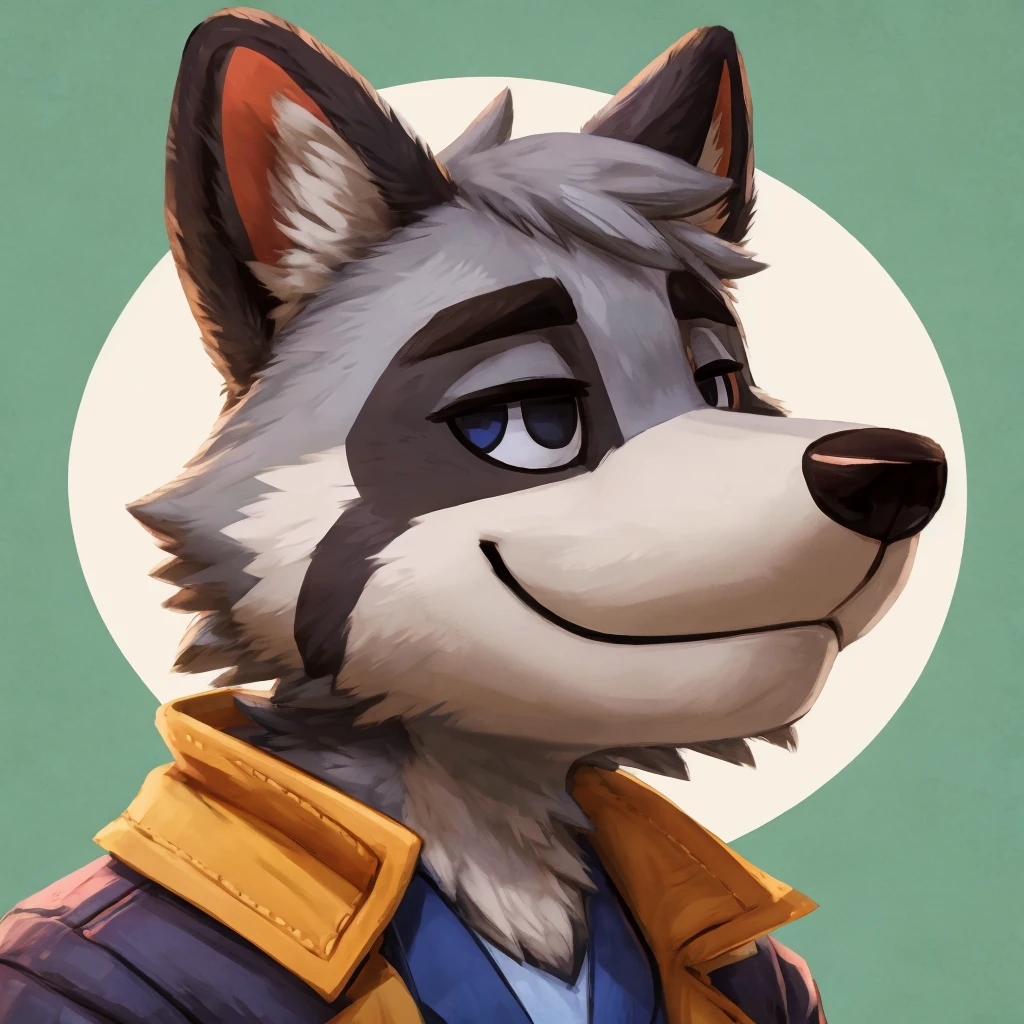 Kopfschuss eines grauen anthropomorphen Waschbären, Animal Crossing-Stil, geschlossenes Lächeln, er trägt eine Jacke, Hochwertige Furry-Kunst, hochwertige Fursona-Referenz.