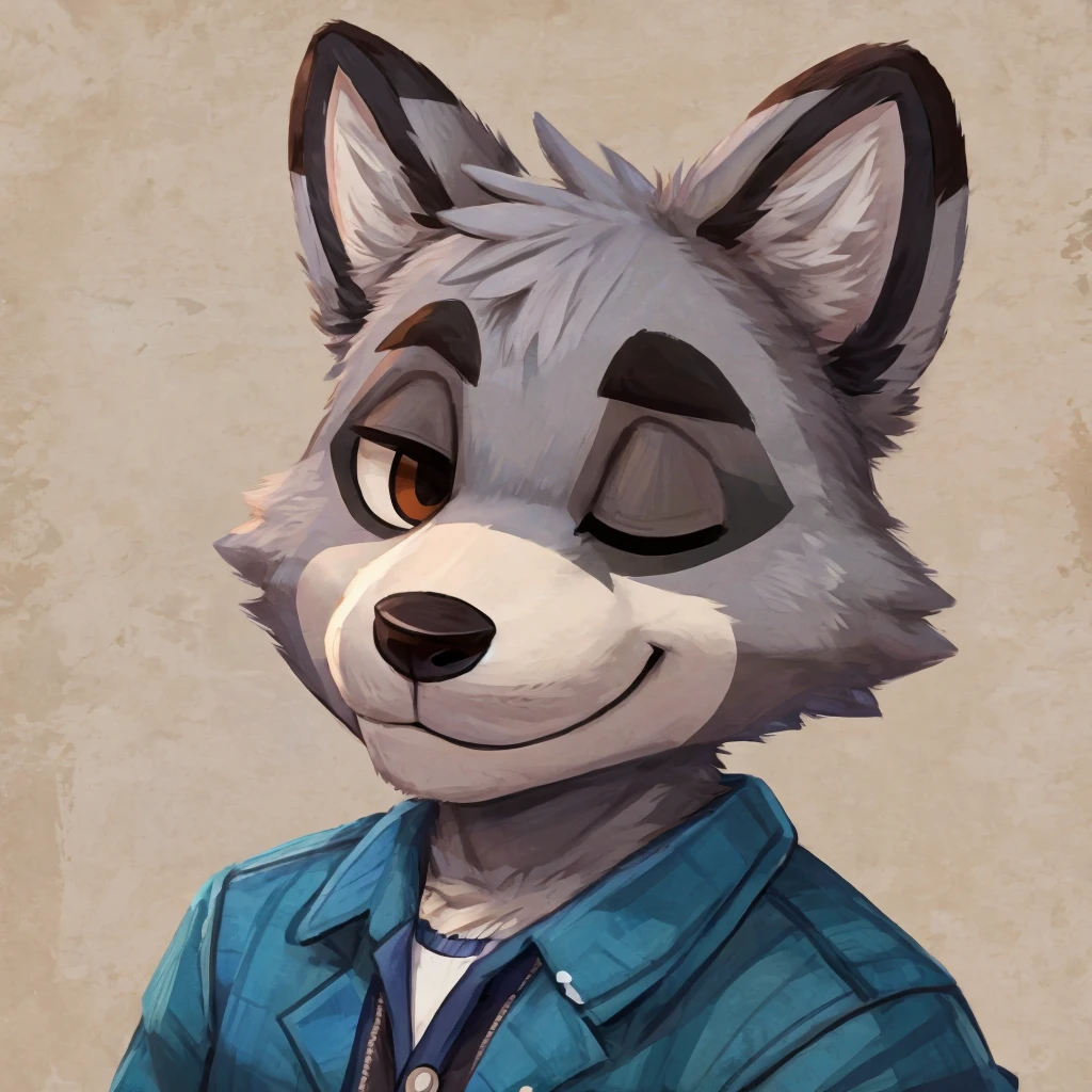 Kopfschuss eines grauen anthropomorphen Waschbären, Animal Crossing-Stil, geschlossenes Lächeln, er trägt eine Jacke, Hochwertige Furry-Kunst, hochwertige Fursona-Referenz.