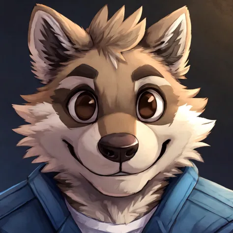 headshot of a grey anthropomorphic raccoon, closed smile, brown eyes, he's dressed with a blue jacket, high quality furry art, h...