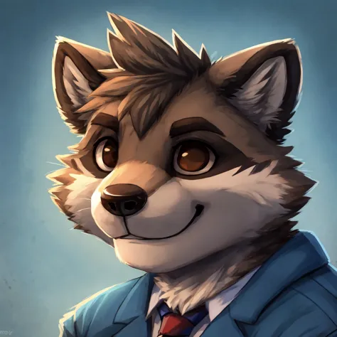 headshot of a grey anthropomorphic raccoon, closed smile, brown eyes, he's dressed with a blue jacket, high quality furry art, h...