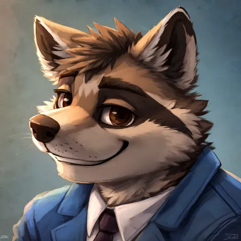 headshot of a grey anthropomorphic raccoon, closed smile, brown eyes, he's dressed with a blue jacket, high quality furry art, h...