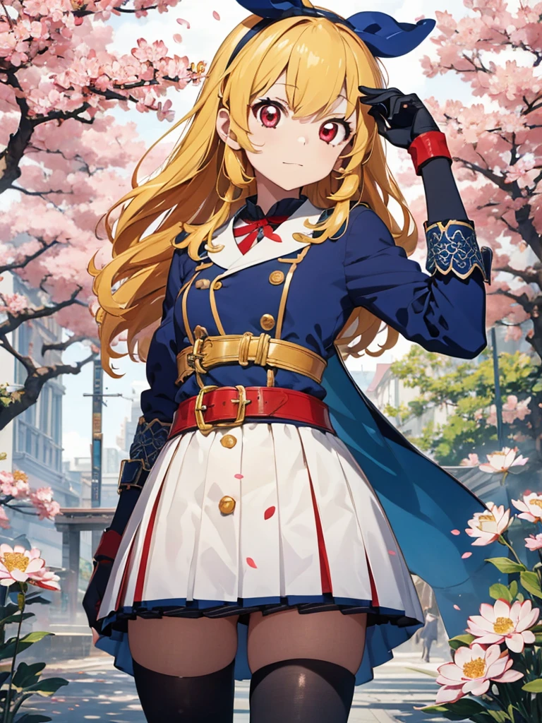 Solitary, 1 girl, Keep, arms, , sword, cape, armor, warrior刀, helmet, Gloves, sheath, japanese armor:1.5, armor:1.5, warrior:1.5，Cherry Blossoms，Cherry blossom petals flying background（（（masterpiece）））， （（best quality））， （（Intricate details））（8K）,hoshimiya ichigo,