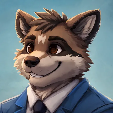 headshot of a grey anthropomorphic raccoon, closed smile, brown eyes, he's dressed with a blue jacket, high quality furry art, h...