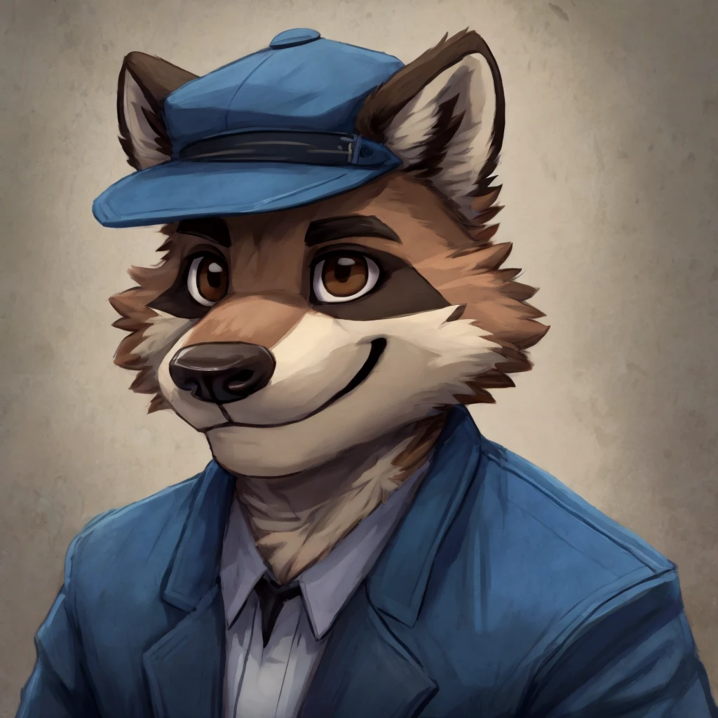 headshot of a grey anthropomorphic raccoon, closed smile, brown eyes, he's dressed with a blue jacket, high quality furry art, high quality fursona ref.