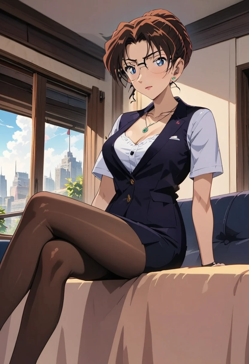 (masterpiece, best quality:1.2), ((Extremely detailed)), high resolution, Anime style , photo, photography, Detailed background,1. Beautiful woman Lei Dianming, (Pantyhose), boots,Cowboy shooting, Looking at the audience,A faint smile, earrings, skirt, Necklace, Vest, Cross your legs, From below, On the sofa, Windows, living room,Anime style，brown，glasses