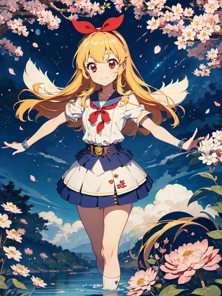 Solitary, 1 girl, Keep, arms, , sword, cape, armor, warrior刀, helmet, Gloves, sheath, japanese armor:1.5, armor:1.5, warrior:1.5，Cherry Blossoms，Cherry blossom petals flying background（（（masterpiece）））， （（best quality））， （（Intricate details））（8K）,hoshimiya ichigo,