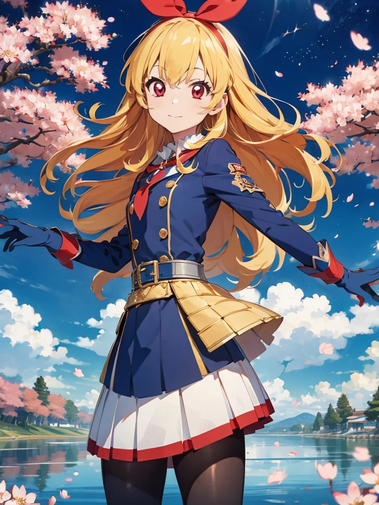 Solitary, 1 girl, Keep, arms, , sword, cape, armor, warrior刀, helmet, Gloves, sheath, japanese armor:1.5, armor:1.5, warrior:1.5，Cherry Blossoms，Cherry blossom petals flying background（（（masterpiece）））， （（best quality））， （（Intricate details））（8K）,hoshimiya ichigo,