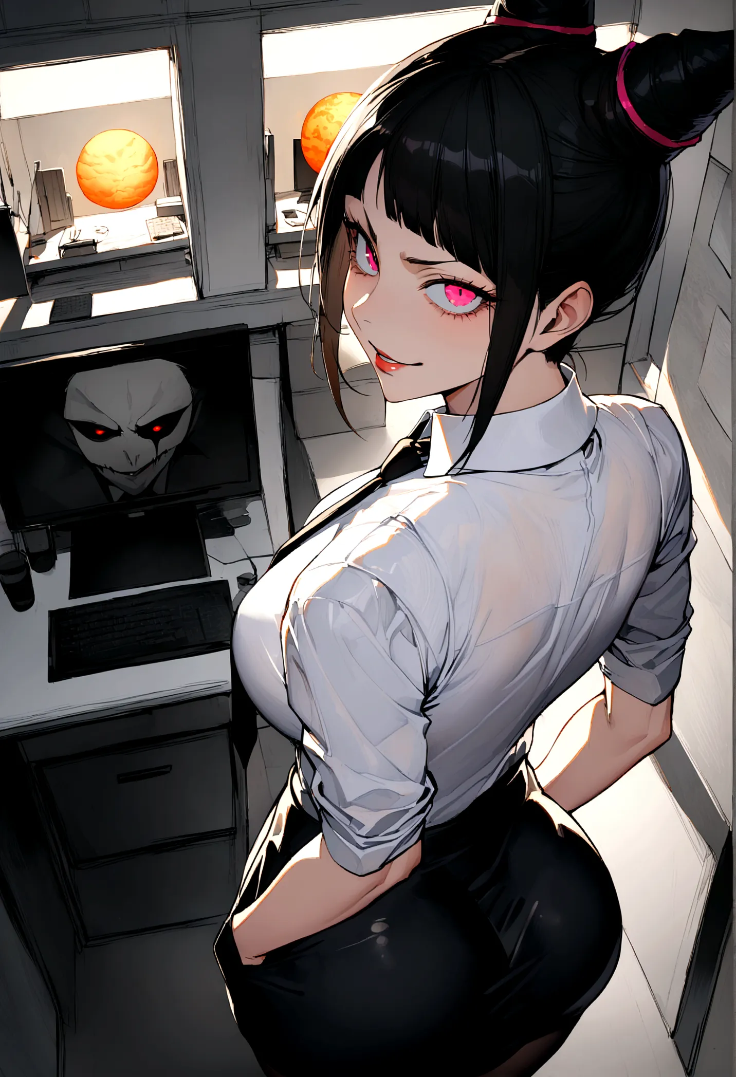 juri han, looking back,hands in pocket,work of art, tight white secretary shirt with black tie, black high waist skirt, short sk...