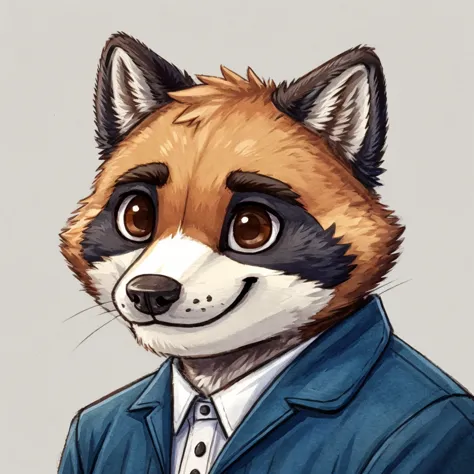 headshot of a grey fur anthropomorphic raccoon, closed smile, animal crossing style, he has brown eyes, he's dressed with a blue...