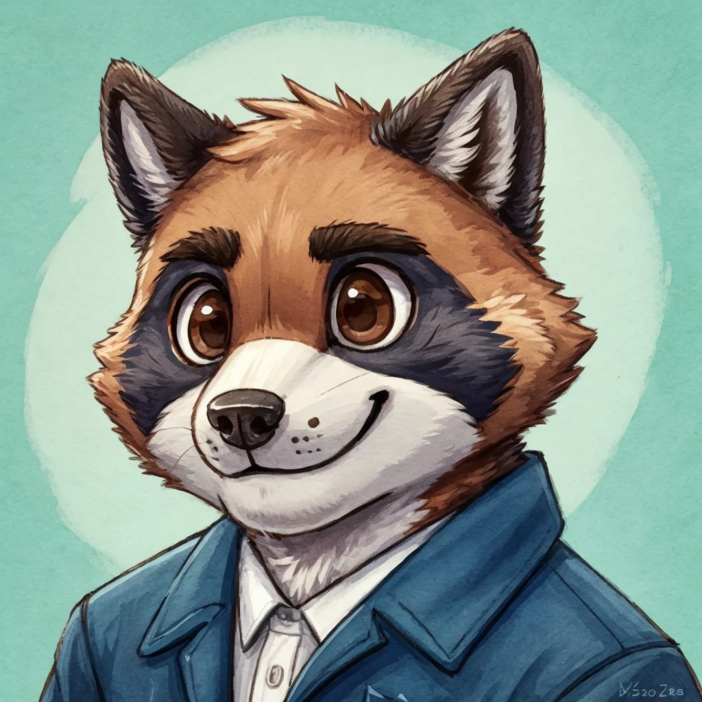 headshot of a grey fur anthropomorphic raccoon, closed smile, animal crossing style, he has brown eyes, he's dressed with a blue jacket, high quality furry art, high quality fursona ref.