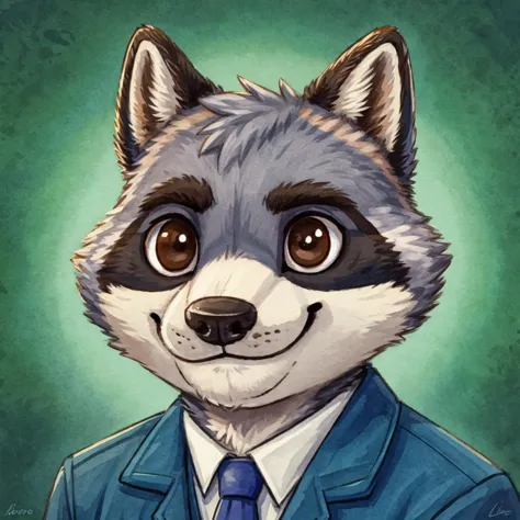 headshot of a grey fur anthropomorphic raccoon, closed smile, animal crossing style, he has brown eyes, he's dressed with a blue...