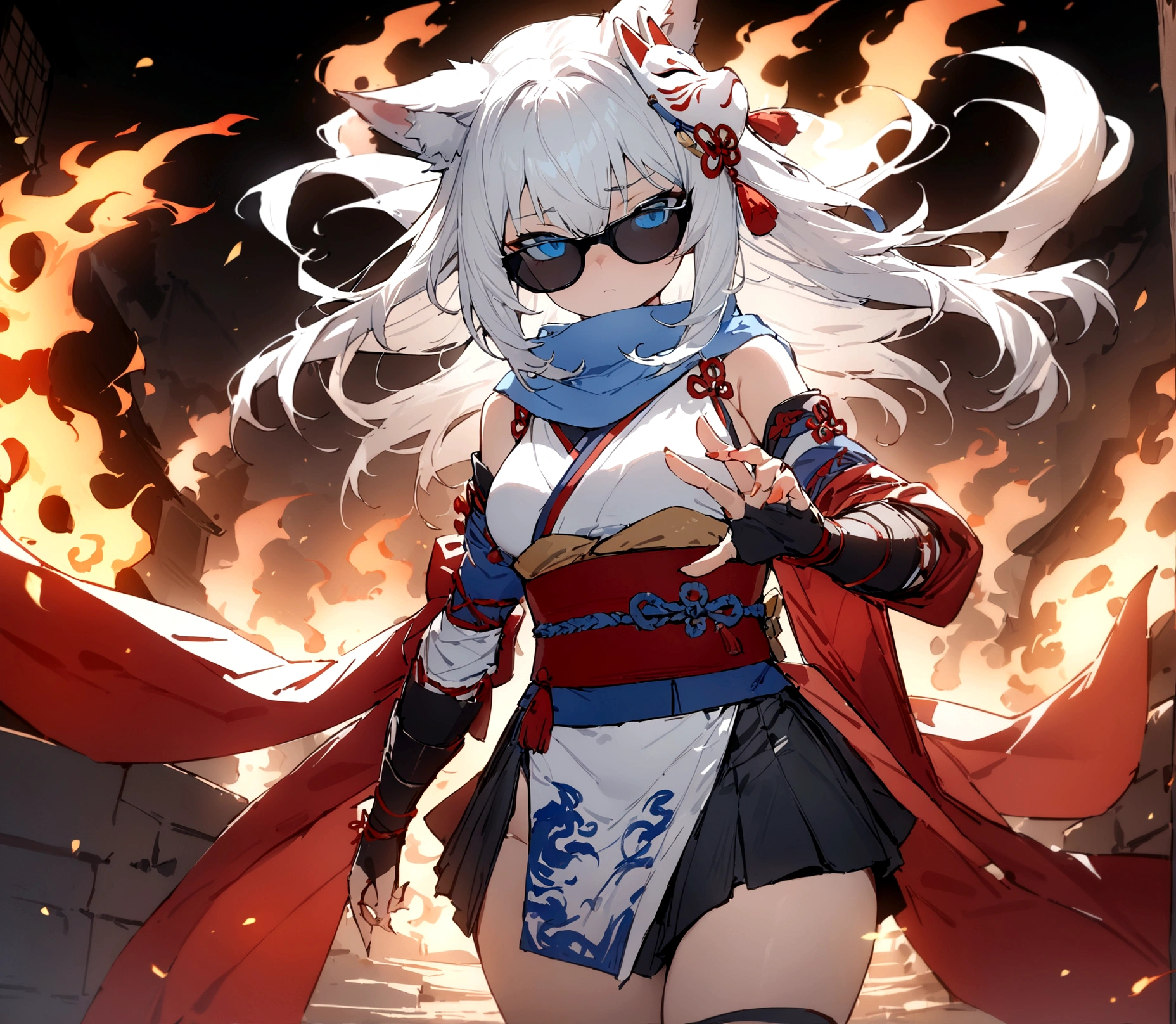 Wear black sunglasses、Through black sunglasses、Burning flame background、gauntlet、Burning Fire、Through black sunglassesにこちらを見つめる、(masterpiece, best quality:1.2), 1girl, 独奏,Wolf girl, fox mask, ninja, girl, long white hair, odd eyes, blue kimono, ninja girl, red and blue scarf,Dancing fire backlighting, light coming in, fantastic atmosphere.night、Shadows of light and darkness、Eyes glowing in the dark、Black fox mask、Fisheye Lens、Expansive starry sky、long hair that spreads、Aside exposure