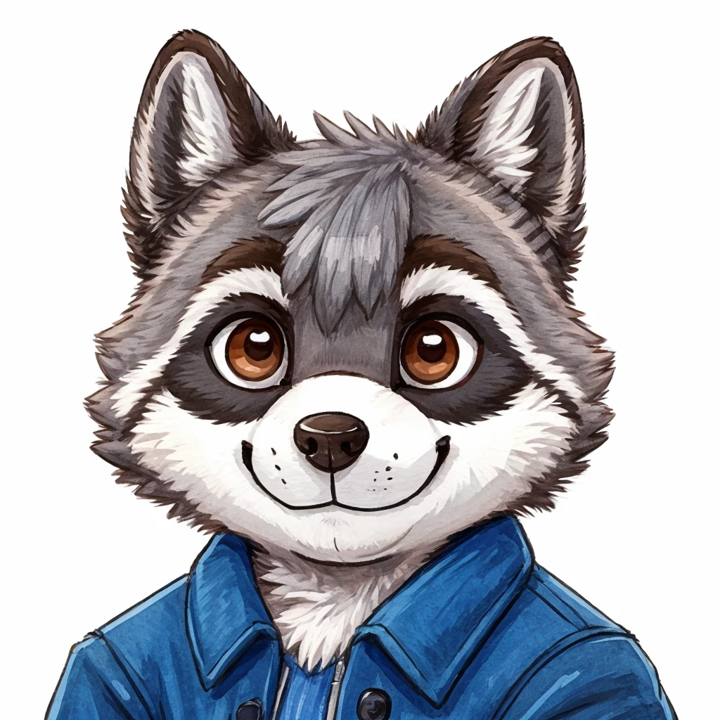 headshot of a grey fur anthropomorphic raccoon, closed smile, chibi style, he has brown eyes, he's dressed with a blue jacket, high quality furry art, high quality fursona ref.