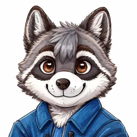 headshot of a grey fur anthropomorphic raccoon, closed smile, chibi style, he has brown eyes, he's dressed with a blue jacket, h...