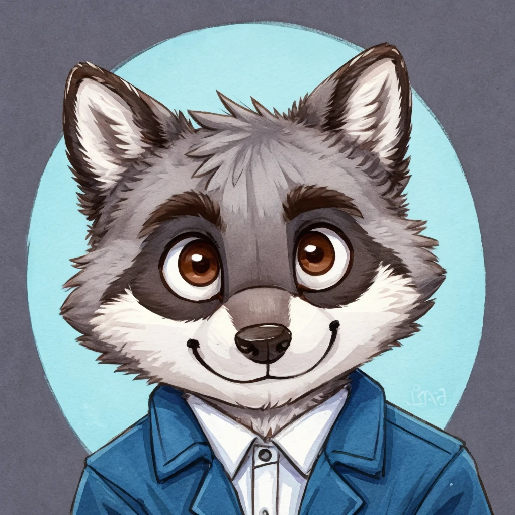 Kopfschuss eines anthropomorphen Waschbären mit grauem Fell, geschlossenes Lächeln, Chibi-Stil, Er hat braune Augen, er trägt eine blaue Jacke, Hochwertige Furry-Kunst, hochwertige Fursona-Referenz.