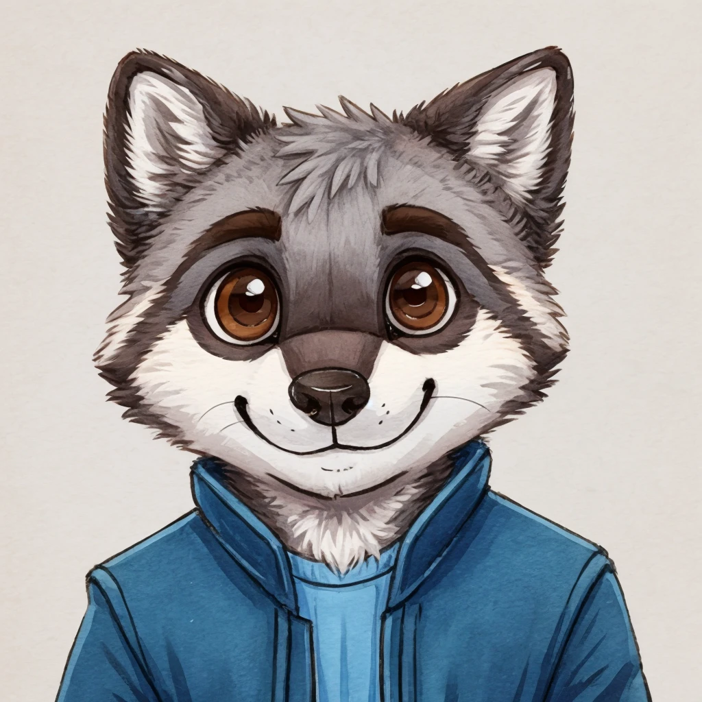 headshot of a grey fur anthropomorphic raccoon, closed smile, chibi style, he has brown eyes, he's dressed with a blue jacket, high quality furry art, high quality fursona ref.