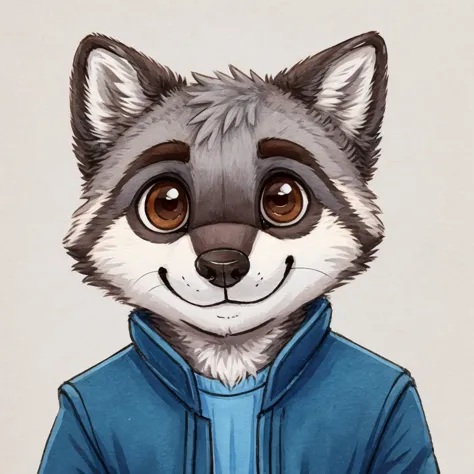 headshot of a grey fur anthropomorphic raccoon, closed smile, chibi style, he has brown eyes, he's dressed with a blue jacket, h...