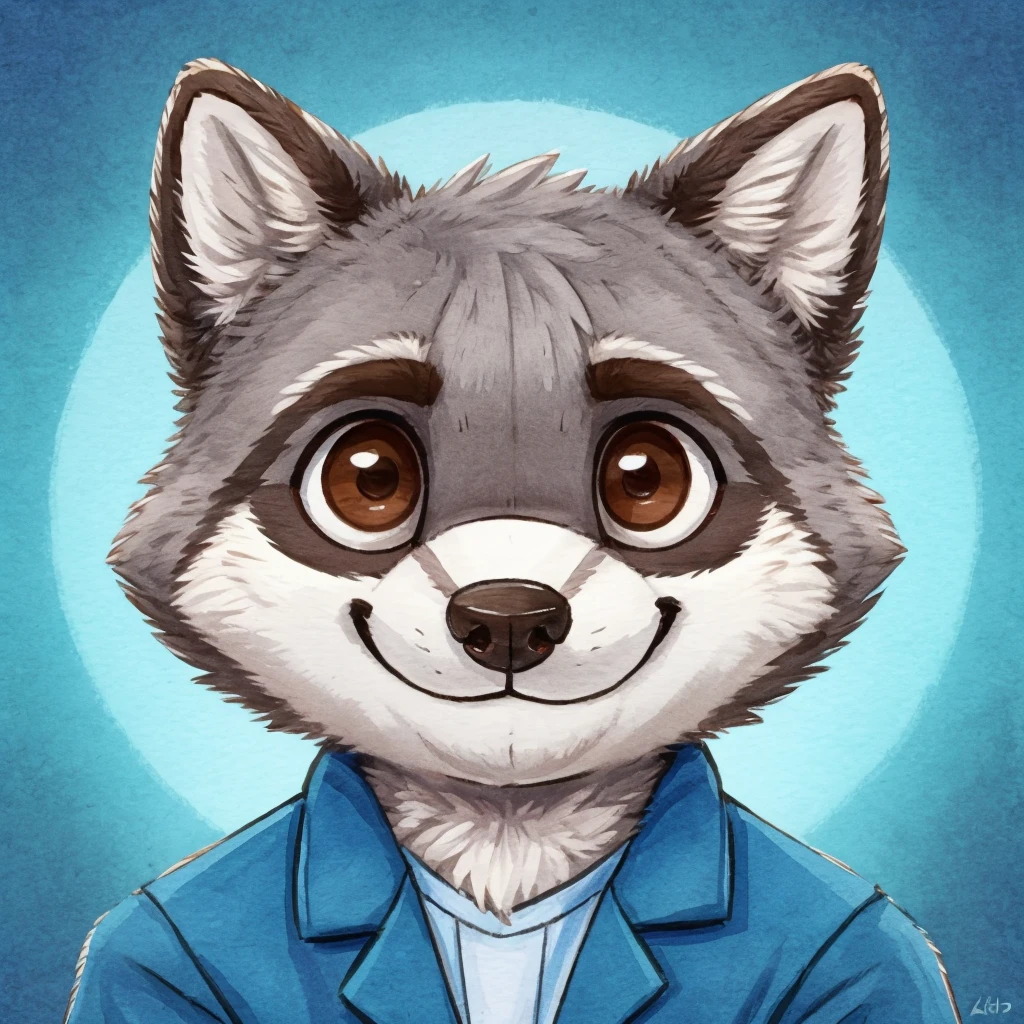 headshot of a grey fur anthropomorphic raccoon, closed smile, chibi style, he has brown eyes, he's dressed with a blue jacket, high quality furry art, high quality fursona ref.