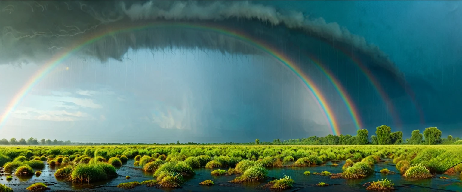 river side , blue sky in background , heavy rain , ultrawide shot , rain drops , rainbow , cinematic , colorful