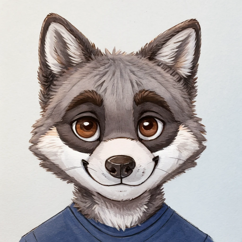 headshot of a grey fur anthropomorphic raccoon, cute face, closed smile, he has brown eyes, he's dressed with a shirt, high quality furry art, high quality fursona ref.