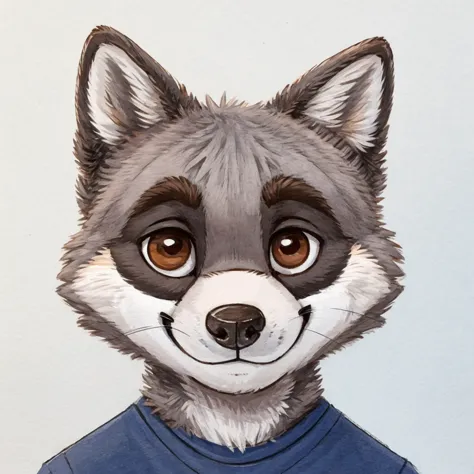 headshot of a grey fur anthropomorphic raccoon, cute face, closed smile, he has brown eyes, he's dressed with a shirt, high qual...