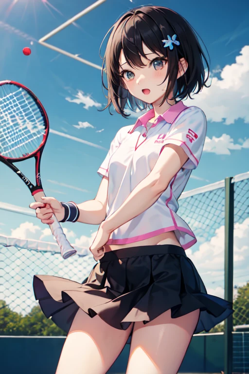 Black Hair、Iris、short hair、girl、16 years old、cute、、Tennis wear、Small hair ornament、White shirt on the upper body、The lower half of the body is a pink mini skirt.、Tennis racket in hand、The skirt flutters in the wind、I can see your pants、Location: Tennis court、The weather is rainy