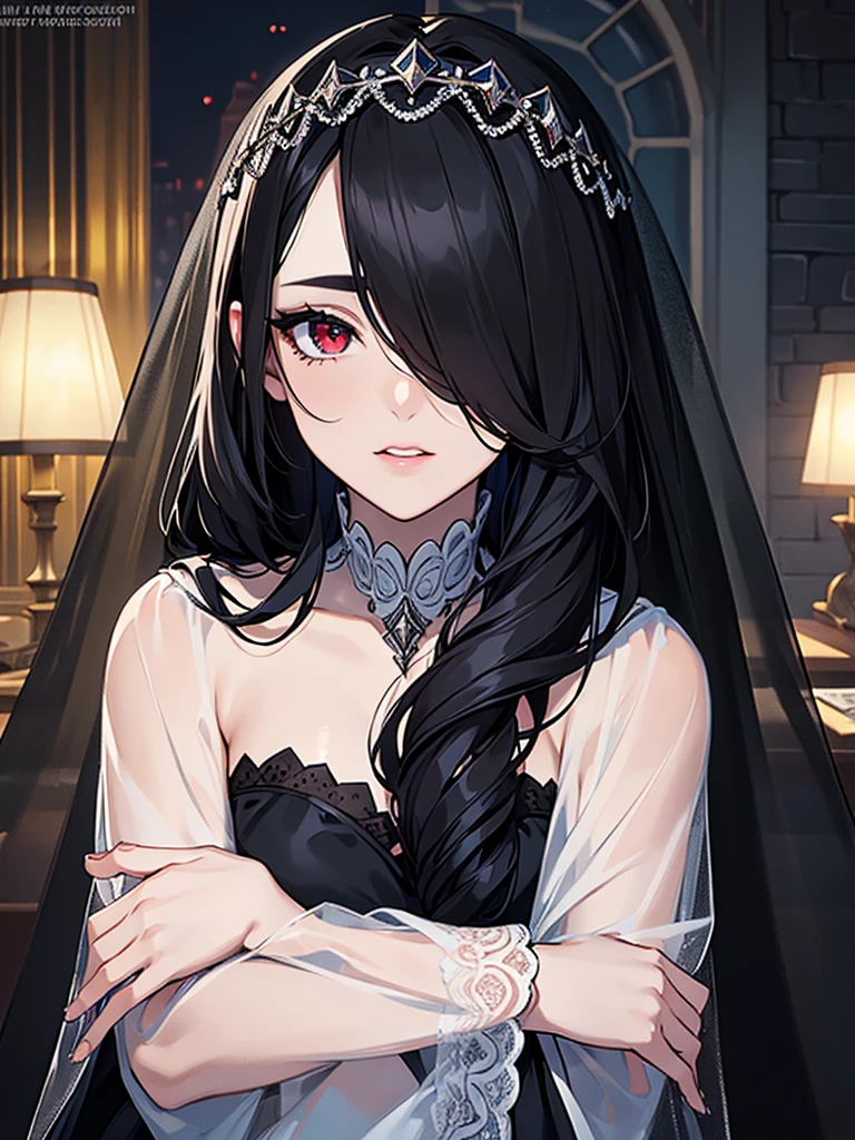 (Super detailed:1.3), ((((best quality)))), ((masterpiece)), female focus, solo,hotify, stunning beauty, powerful glow, detailed face, detailed eyes, detailed lips,castle interior background,(nighttime),moonlight,((black hair)),long hair, black mourning dress,((mourning veil)),red eyes, (pale skin:1.2),melancholic expression,straight bangs,bangs covering forehead,almond-shaped eyes,very cute face,close-up, (hair over one eye),sheer sleeves,2 arms