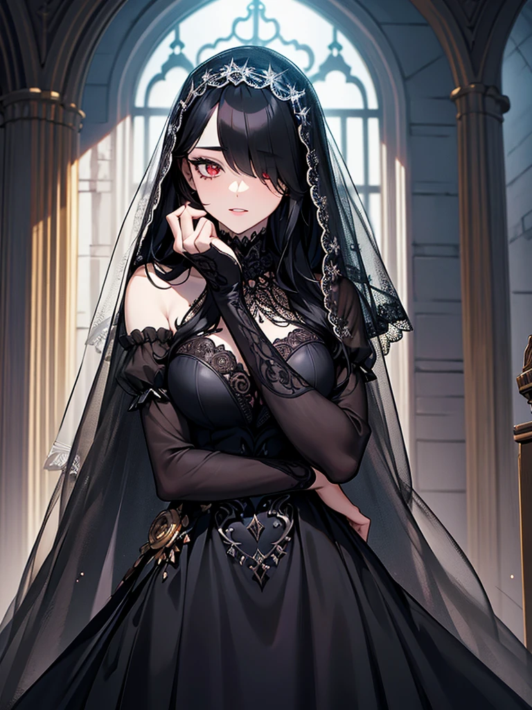 (Super detailed:1.3), ((((best quality)))), ((masterpiece)), female focus, solo,hotify, stunning beauty, powerful glow, detailed face, detailed eyes, detailed lips,castle interior background,(nighttime),moonlight,((black hair)),long hair, black mourning dress,((mourning veil)),red eyes, (pale skin:1.2),melancholic expression,straight bangs,bangs covering forehead,almond-shaped eyes,very cute face,close-up, (hair over one eye),sheer sleeves,2 arms