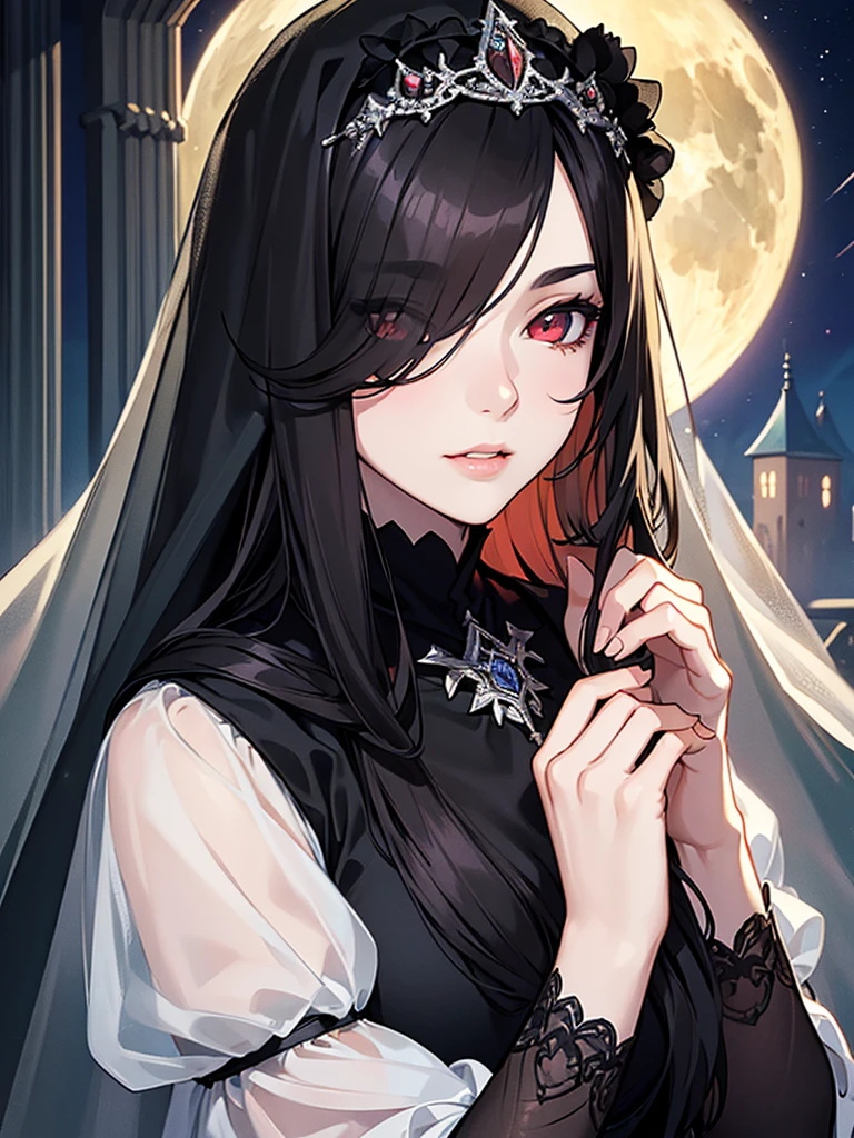 (Super detailed:1.3), ((((best quality)))), ((masterpiece)), female focus, solo,hotify, stunning beauty, powerful glow, detailed face, detailed eyes, detailed lips,castle interior background,(nighttime),moonlight,((black hair)),long hair, black mourning dress,((mourning veil)),red eyes, (pale skin:1.2),melancholic expression,straight bangs,bangs covering forehead,almond-shaped eyes,very cute face,close-up, (hair over one eye),sheer sleeves,2 arms