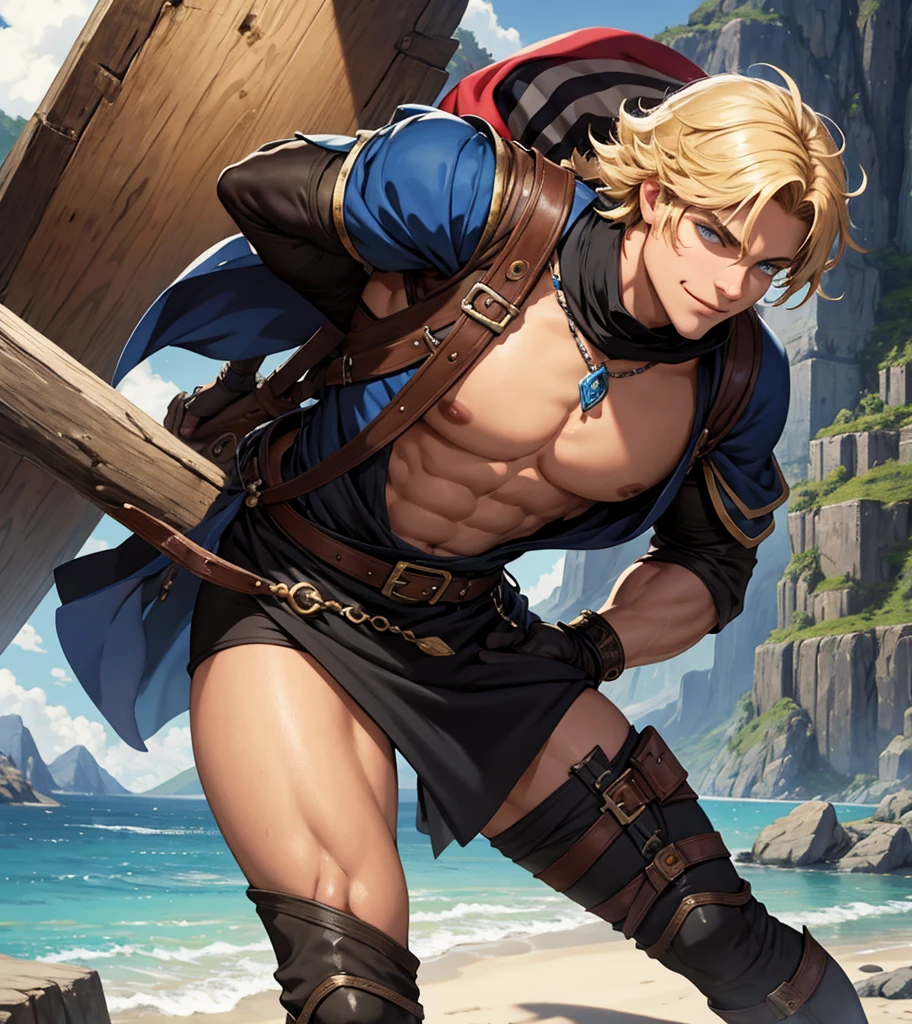 (((Single character image.))) (((1boy))) (((Luxurious hair and sexy smirk.))) (((18 years old.))) (((18yo.))) (((Dressed in medieval fantasy attire.))) (((Looks like Jaco De Bruyen.))) Cute guy. Hot guy.  (((Looks like Adonis.))) (((Dressed in medieval fantasy attire.))) (((Intense, sexy stare.))) (((Beautiful shoulder length blond hair.))) Gorgeous male character with a body that women lust for.  (((Lusty smirk.))) Looks like a fun-loving and heroic male adventurer for Dungeons & Dragons. Looks like a very attractive male adventurer for a high fantasy setting. Looks like a hot boyfriend. Looks like a handsome and rugged male adventurer for Dungeons & Dragons. Looks like a handsome male for a medieval fantasy setting. Looks like a Dungeons & Dragons adventurer, very cool and masculine hair style, black clothing, handsome, charming smile, adventurer, athletic build, excellent physique, confident, gorgeous face, gorgeous body,  detailed and intricate, fantasy setting,fantasy art, dungeons & dragons, fantasy adventurer, fantasy NPC, attractive male in his mid 20's, ultra detailed, epic masterpiece, ultra detailed, intricate details, digital art, unreal engine, 8k, ultra HD, centered image award winning, fantasy art concept, digital art, centered image, flirting with viewer, best quality:1.0,hyperealistic:1.0,photorealistic:1.0,madly detailed CG unity 8k wallpaper:1.0,masterpiece:1.3,madly detailed photo:1.2, hyper-realistic lifelike texture:1.4, picture-perfect:1.0,8k, HQ,best quality:1.0,