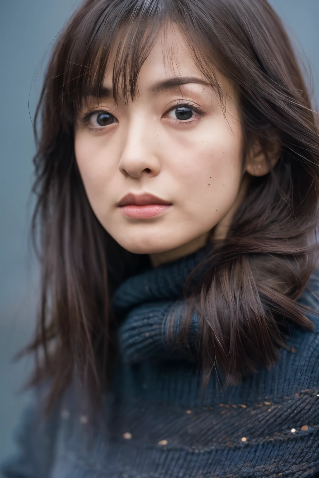 (knitwear), (top-quality, masterpiece:1.3, Super high resolution), (Photorealsitic:1.4, RAW shooting), Ultra-realistic capture, A highly detailed, high-definition 16K for human skin, Wistful, A skinny Japanese woman, 30 years old, cute face, ((Sadness face)), detailed face, detailed eyes, ((correct anatomy)), A dark-haired, Middle hair, ((Background of the sea in a starry night)), (((looking up afar at starry sky))), hair blowing in the wind