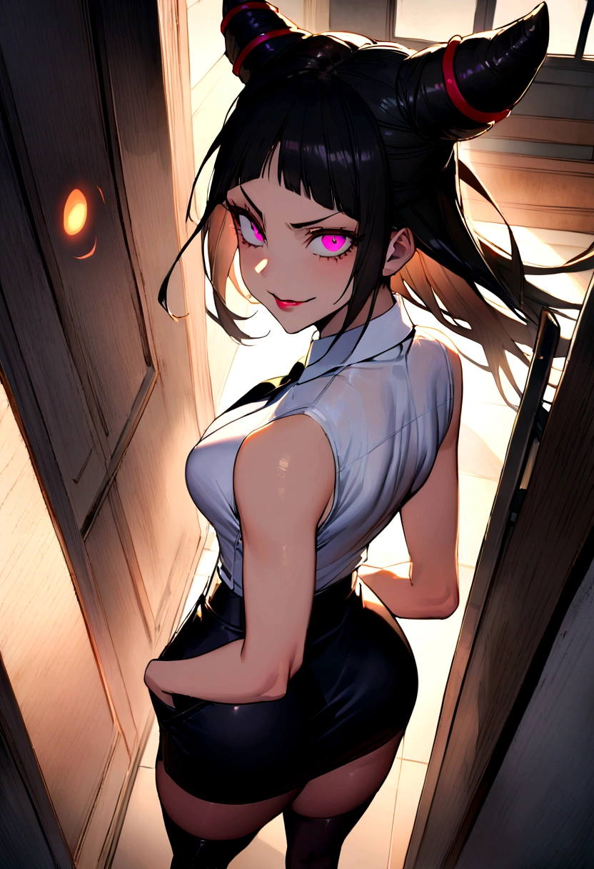 juri han, looking back,hands in pocket,work of art, tight white secretary shirt with black tie, black high waist skirt, short skirt,stocking, black hair, black tightscary sun,office,bangs on the eyes,lighting,horn of hair,view from above,evil smile,beautiful ass detailed
