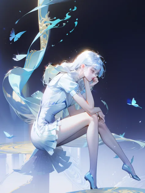 1 girl，shimizu，blue butterfly，pure white gauze skirt，shiny，sitting in the air