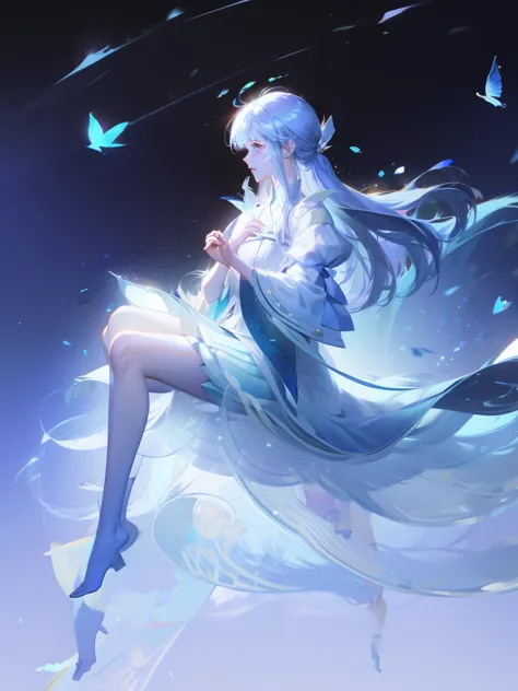 1 girl，shimizu，blue butterfly，pure white gauze skirt，shiny，sitting in the air