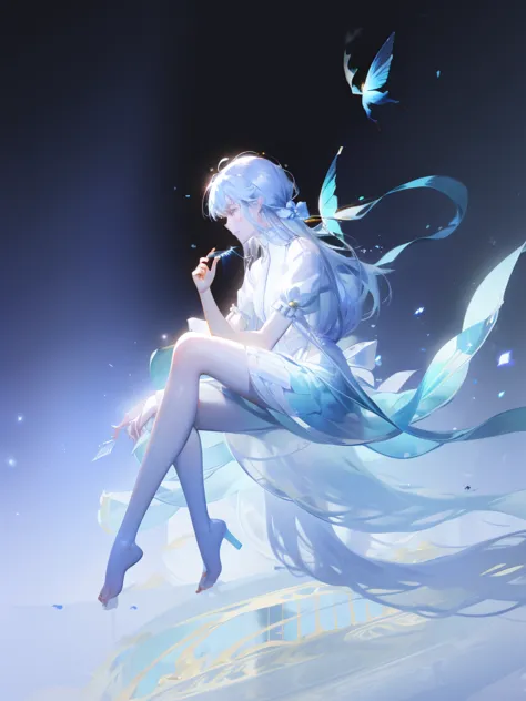 1 girl，shimizu，blue butterfly，pure white gauze skirt，shiny，sitting in the air